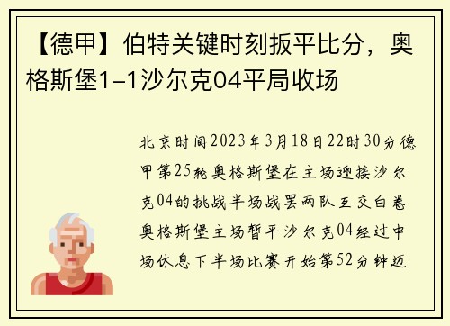 【德甲】伯特关键时刻扳平比分，奥格斯堡1-1沙尔克04平局收场