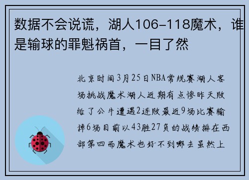 数据不会说谎，湖人106-118魔术，谁是输球的罪魁祸首，一目了然